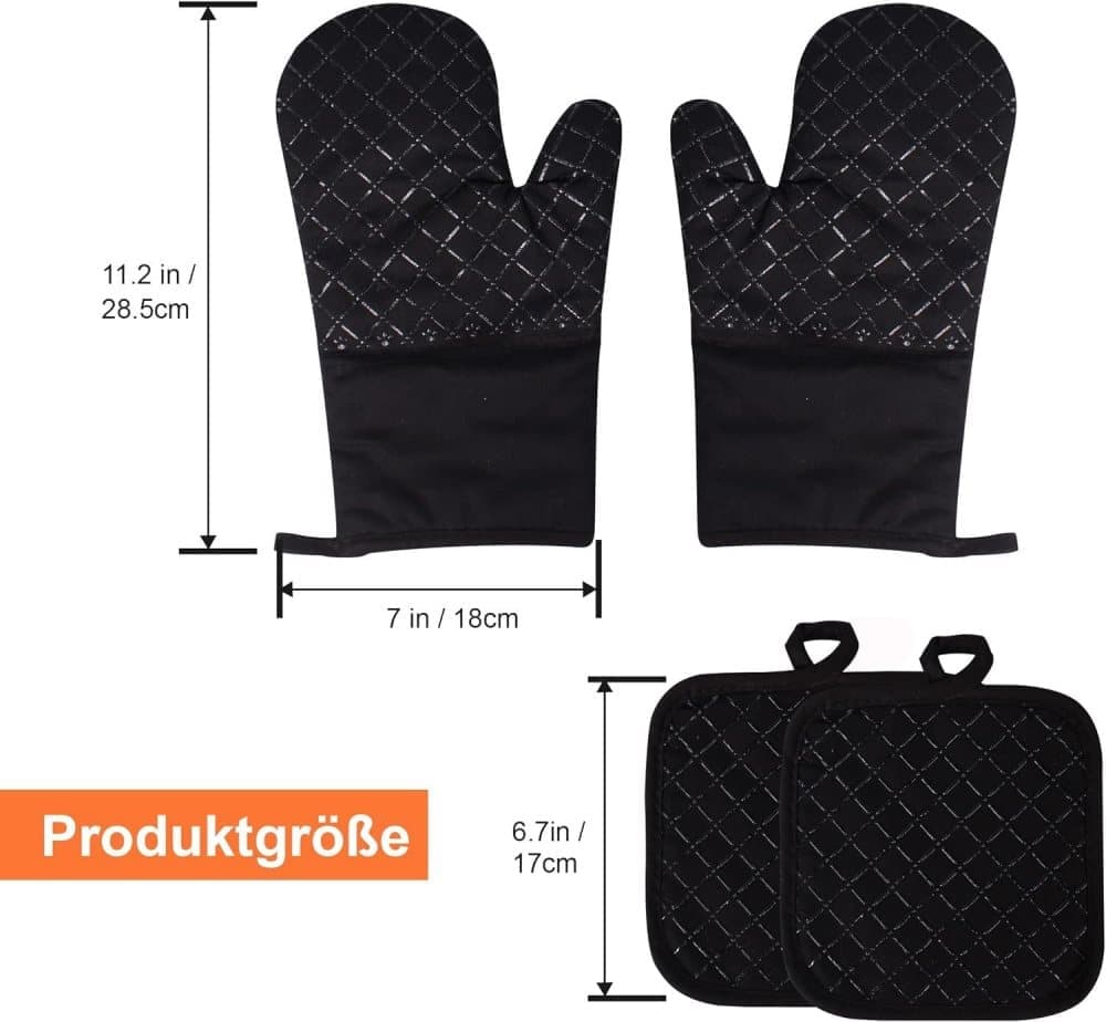Heat Resistant Oven Mitts & Grill Gloves Anti-Slip Kitchen Potholders, Black, up to 300°C, Compatible with Cooking and Baking