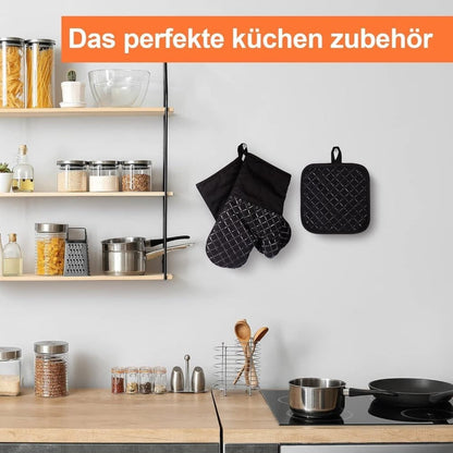 Heat Resistant Oven Mitts & Grill Gloves Anti-Slip Kitchen Potholders, Black, up to 300°C, Compatible with Cooking and Baking