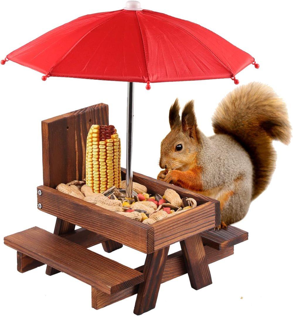 Wooden Squirrel Feeder with Parasol and Picnic Table, Outdoor Squirrel Table Set, Robust and Reliable