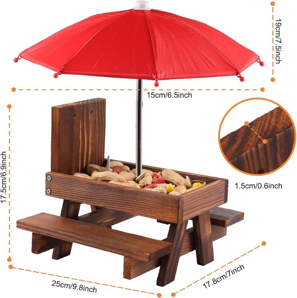 Wooden Squirrel Feeder with Parasol and Picnic Table, Outdoor Squirrel Table Set, Robust and Reliable