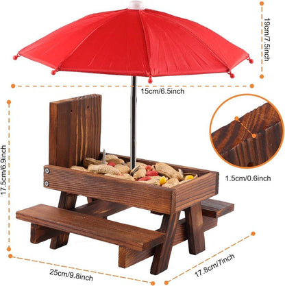 Wooden Squirrel Feeder with Parasol and Picnic Table, Outdoor Squirrel Table Set, Robust and Reliable
