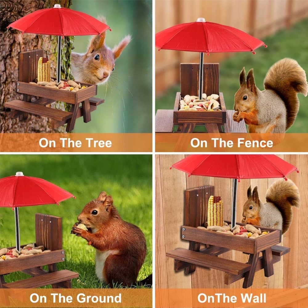 Wooden Squirrel Feeder with Parasol and Picnic Table, Outdoor Squirrel Table Set, Robust and Reliable
