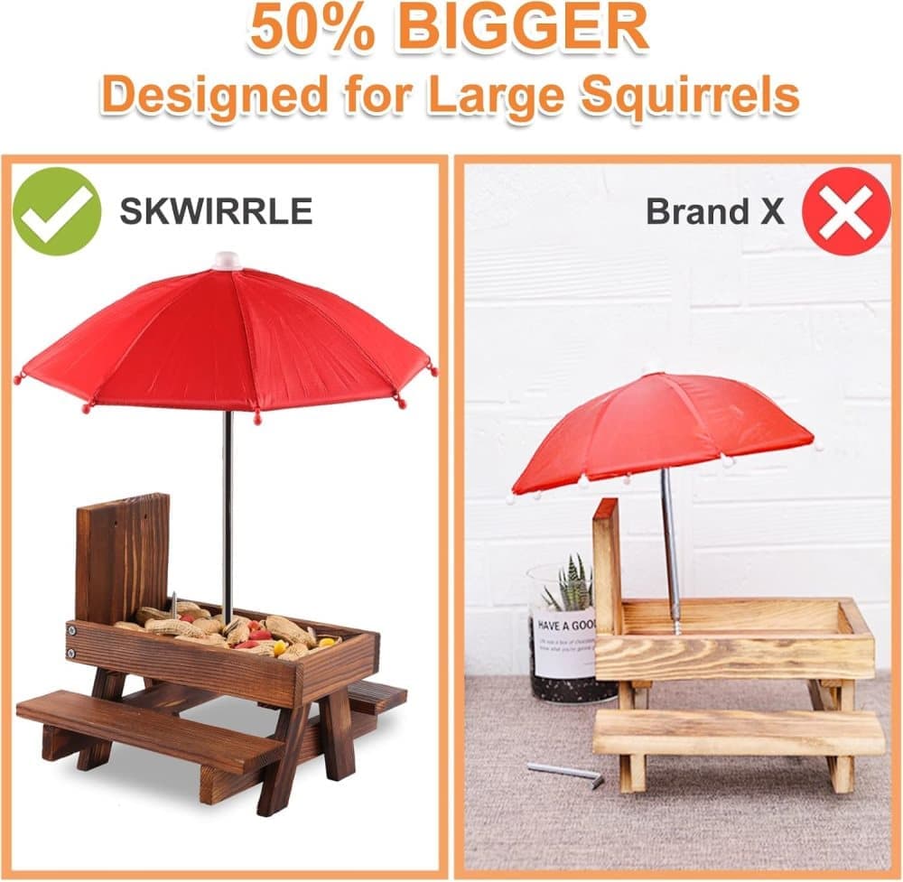 Wooden Squirrel Feeder with Parasol and Picnic Table, Outdoor Squirrel Table Set, Robust and Reliable