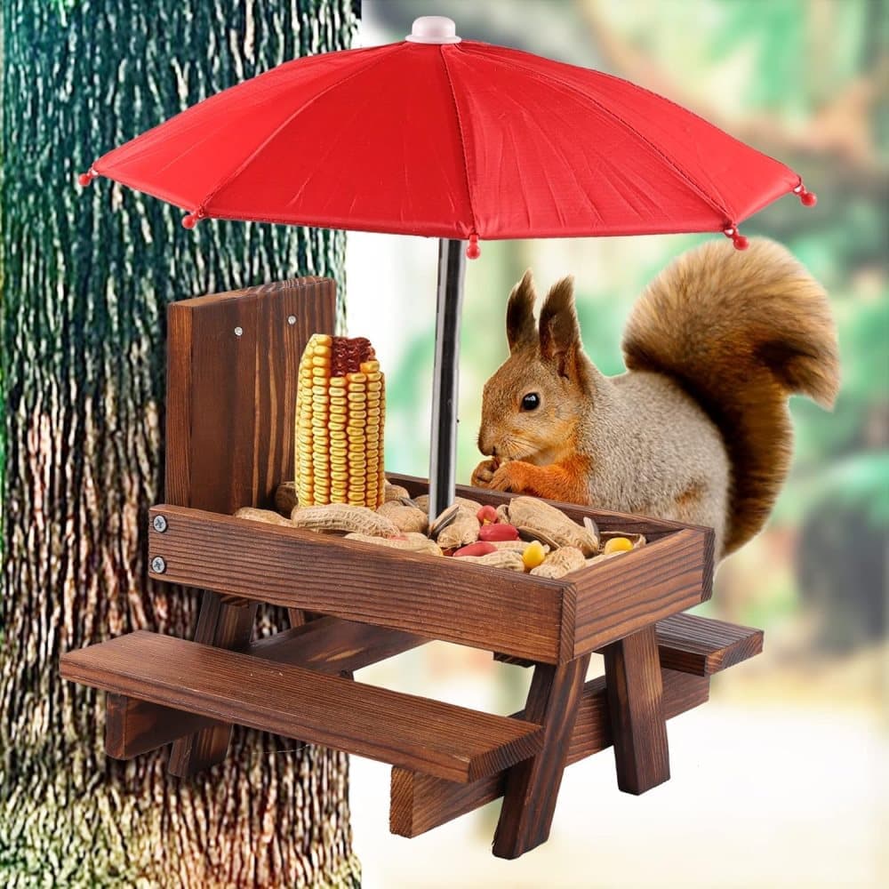 Wooden Squirrel Feeder with Parasol and Picnic Table, Outdoor Squirrel Table Set, Robust and Reliable