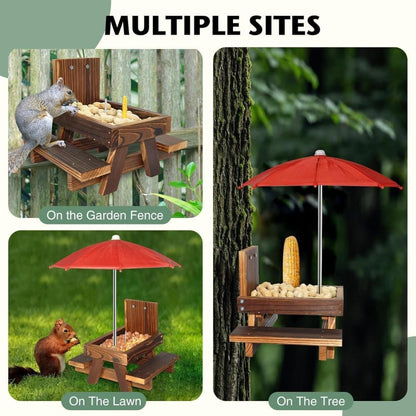 Wooden Squirrel Feeder with Parasol and Picnic Table, Outdoor Squirrel Table Set, Robust and Reliable