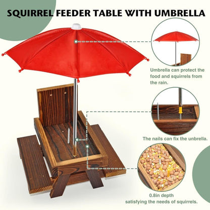 Wooden Squirrel Feeder with Parasol and Picnic Table, Outdoor Squirrel Table Set, Robust and Reliable