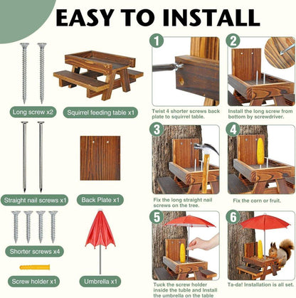 Wooden Squirrel Feeder with Parasol and Picnic Table, Outdoor Squirrel Table Set, Robust and Reliable