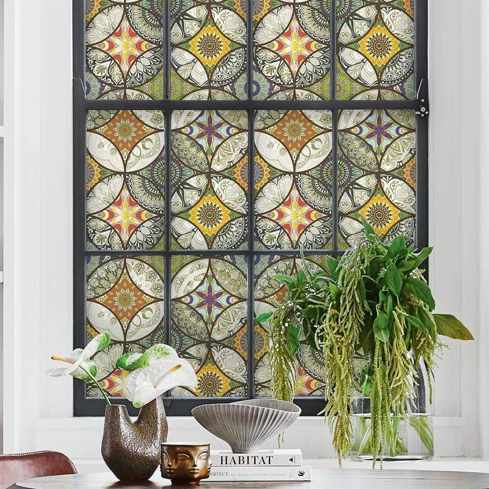 Static Cling-Free Decorative Window Film with Stained Glass Effect, Self-Adhesive Frosted Privacy Protection Film, 60cm x 200cm