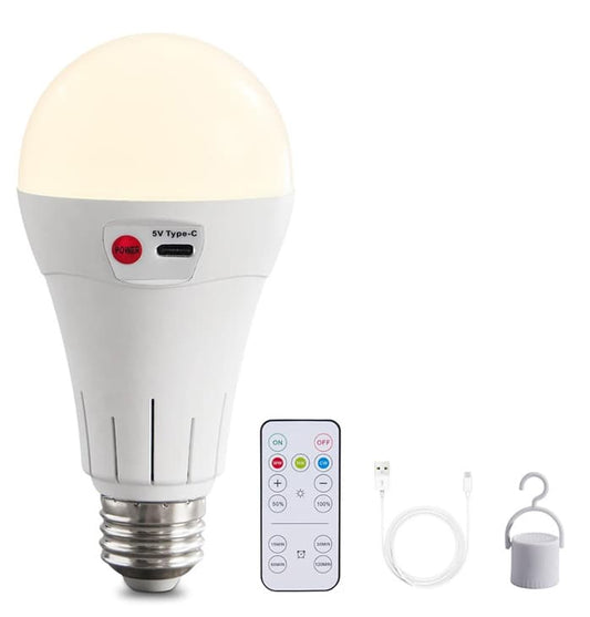 Rechargeable LED Bulb with 3 Color Temperatures 3000-6500K, Dimmable, Timer and Remote Control, E27 Lamp Holder, Wireless Night Light
