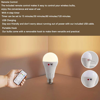 Rechargeable LED Bulb with 3 Color Temperatures 3000-6500K, Dimmable, Timer and Remote Control, E27 Lamp Holder, Wireless Night Light