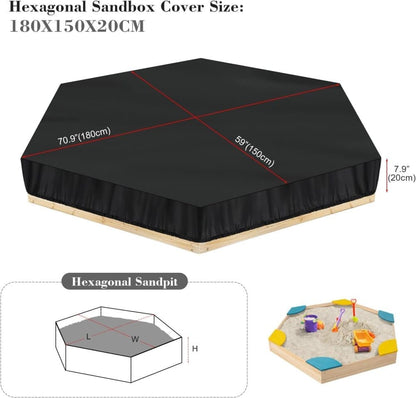 Hexagonal waterproof sandbox cover with drawstring, Oxford fabric, black, 180x150x20 cm