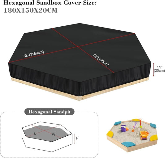 Hexagonal waterproof sandbox cover with drawstring, Oxford fabric, black, 180x150x20 cm