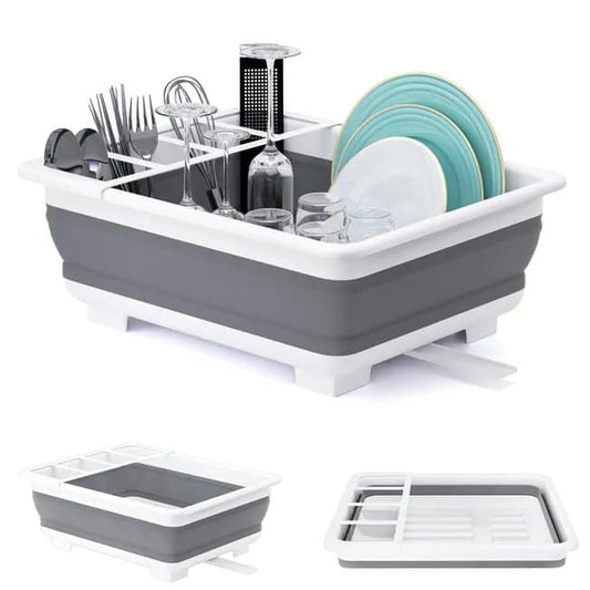 Foldable Dish Rack, gray plastic draining tray for kitchen and camping, 36.5 cm