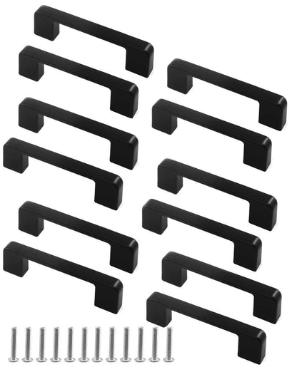 12 pcs Black Stainless Steel Cabinet Handles, 128/192 mm, Compatible with Furniture