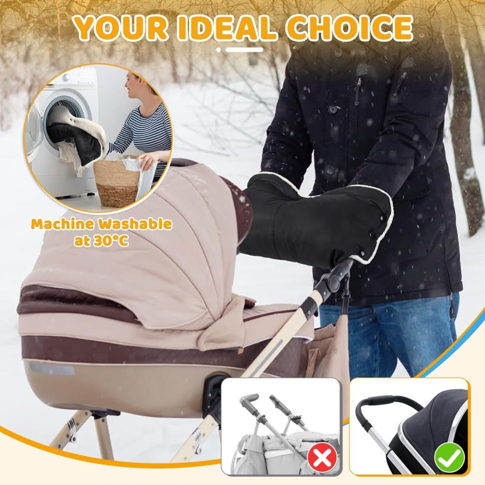 Waterproof Stroller Gloves Winter Hand Warmer with Fur, Black, Compatible with Stroller