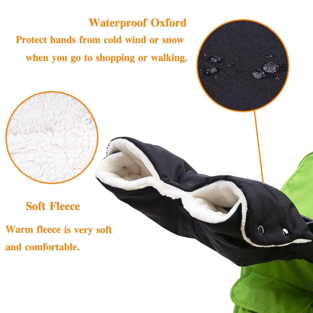 Waterproof Stroller Gloves Winter Hand Warmer with Fur, Black, Compatible with Stroller