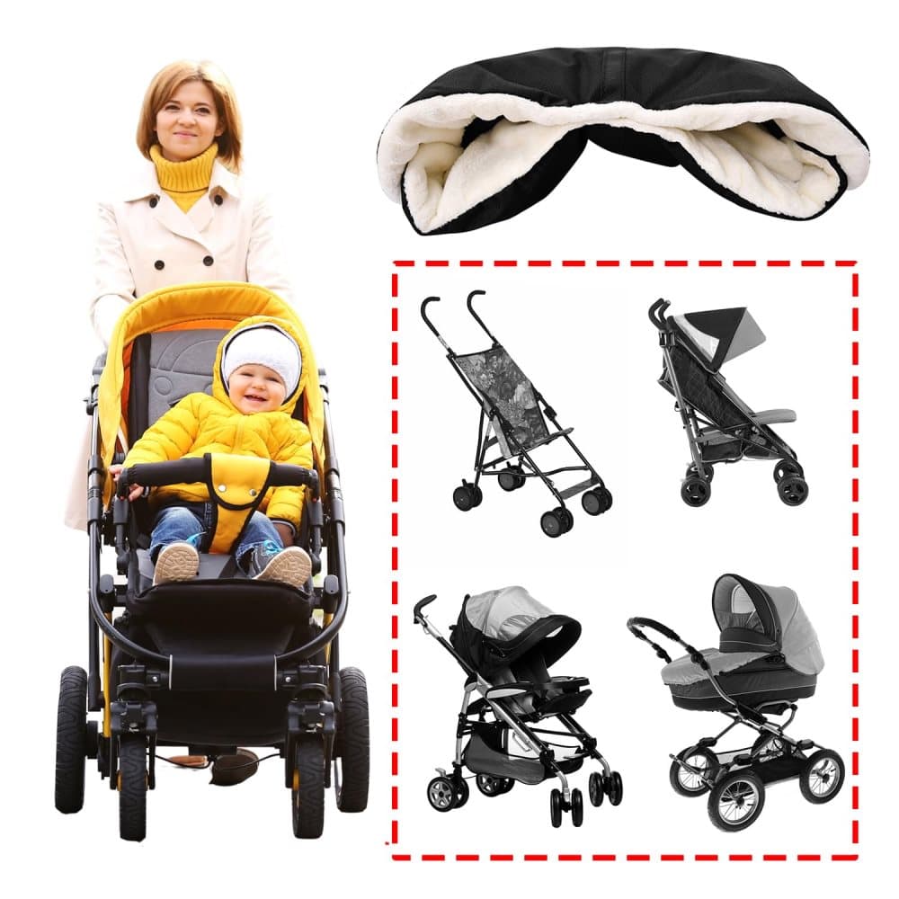 Waterproof Stroller Gloves Winter Hand Warmer with Fur, Black, Compatible with Stroller