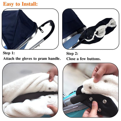 Waterproof Stroller Gloves Winter Hand Warmer with Fur, Black, Compatible with Stroller