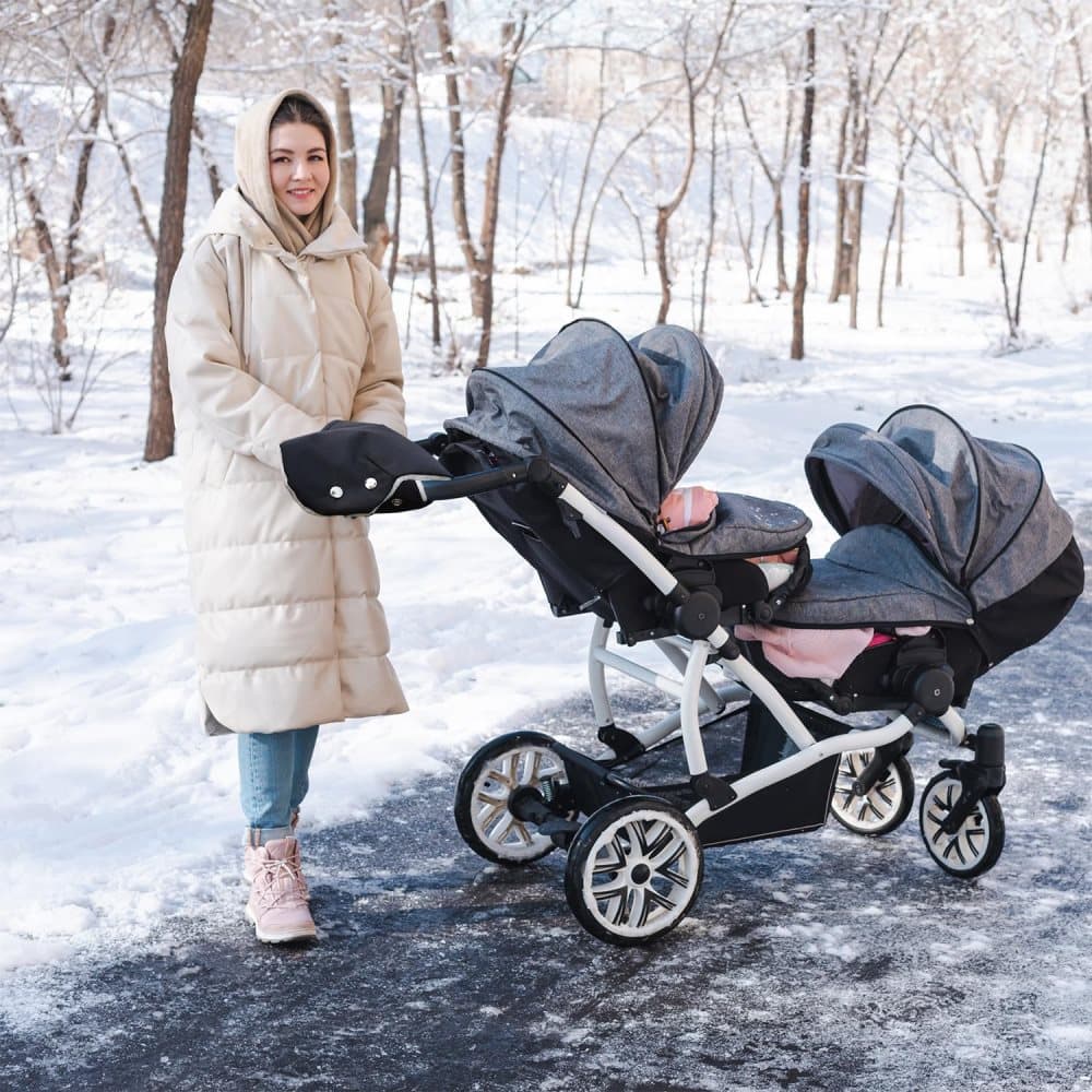 Waterproof Stroller Gloves Winter Hand Warmer with Fur, Black, Compatible with Stroller