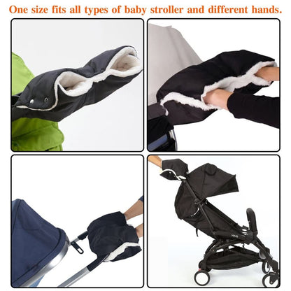 Waterproof Stroller Gloves Winter Hand Warmer with Fur, Black, Compatible with Stroller