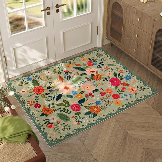 Non-slip Bohemian Floral Doormat Absorbent Dirt-Resistant Machine Washable for Bathroom Hallway and Kitchen, 60x90cm, Green
