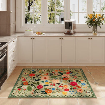 Non-slip Bohemian Floral Doormat Absorbent Dirt-Resistant Machine Washable for Bathroom Hallway and Kitchen, 60x90cm, Green
