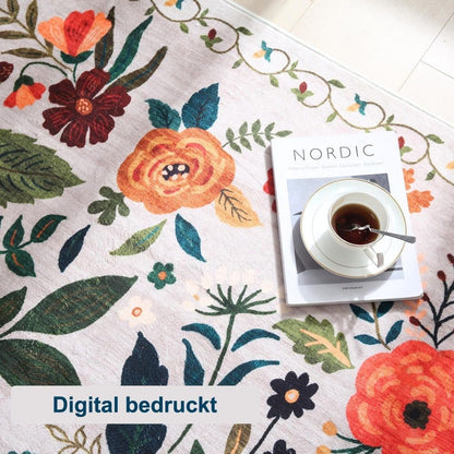 Bohemian Floral Doormat Non-slip Absorbent Dirt-Resistant Machine Washable for Bathroom Hallway and Kitchen, 60x90cm, Beige