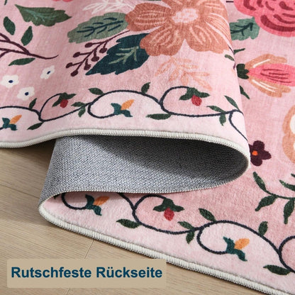 Bohemian Floral Doormat Non-slip Absorbent Dirt-Resistant Machine Washable for Bathroom Hallway and Kitchen, 60x90cm, Pink