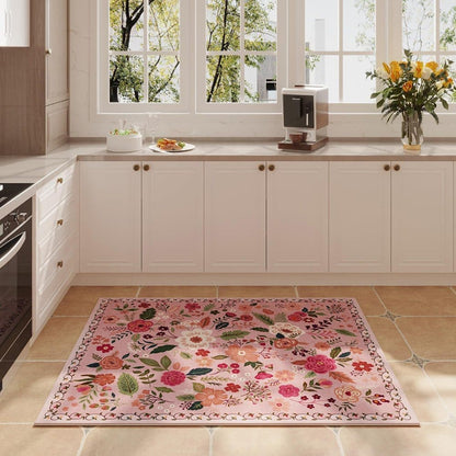 Bohemian Floral Doormat Non-slip Absorbent Dirt-Resistant Machine Washable for Bathroom Hallway and Kitchen, 60x90cm, Pink