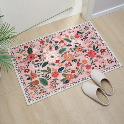 Bohemian Floral Doormat Non-slip Absorbent Dirt-Resistant Machine Washable for Bathroom Hallway and Kitchen, 60x90cm, Pink