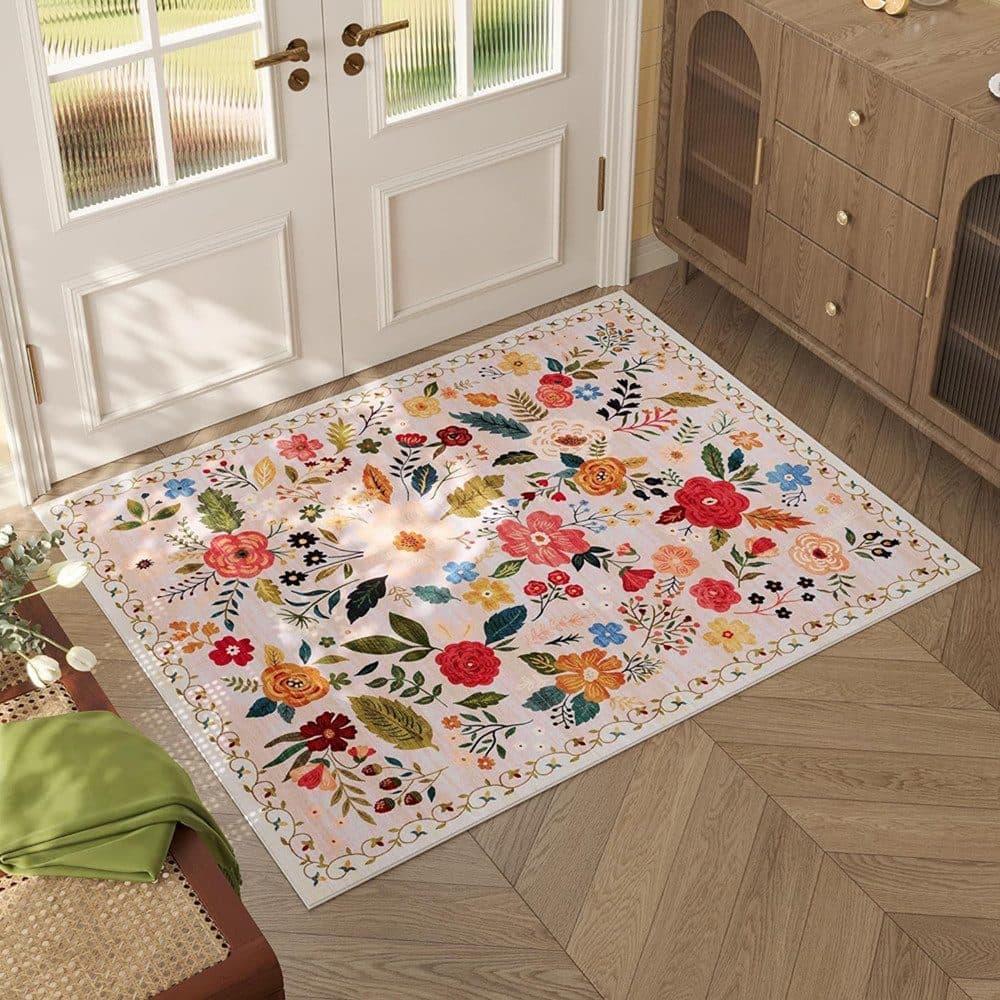Bohemian Floral Doormat Non-slip Absorbent Dirt-Resistant Machine Washable, 60x90 cm, Beige