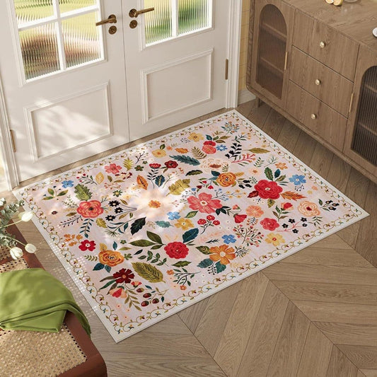 Bohemian Floral Doormat Non-slip Absorbent Dirt-Resistant Machine Washable, 60x90 cm, Beige