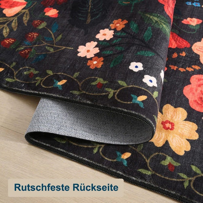 Bohemian Floral Doormat Non-slip Absorbent Dirt-Resistant Machine Washable for Bathroom Hallway and Kitchen, 40x60cm, Black