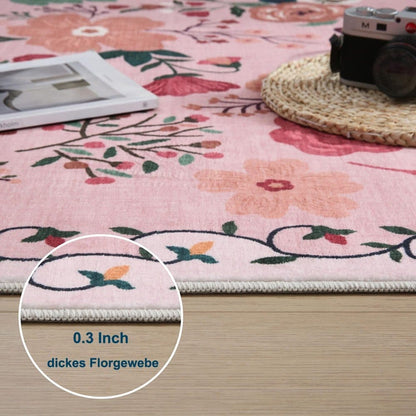 Non-Slip Bohemian Floral Doormat Absorbent Dirt-Resistant Machine Washable for Bathroom Hallway and Kitchen, 40x60cm, Pink