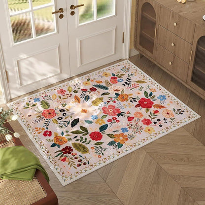 Bohemian Floral Doormat Non-slip Absorbent Dirt-Resistant Machine Washable for Bathroom Hallway and Kitchen, 50x80cm, Beige