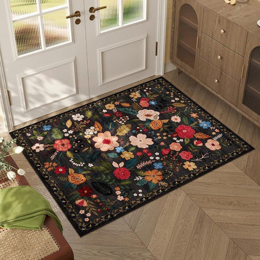 Bohemian Floral Doormat Non-slip Absorbent Dirt-Resistant Machine Washable for Bathroom Hallway and Kitchen, 50x80cm, Black