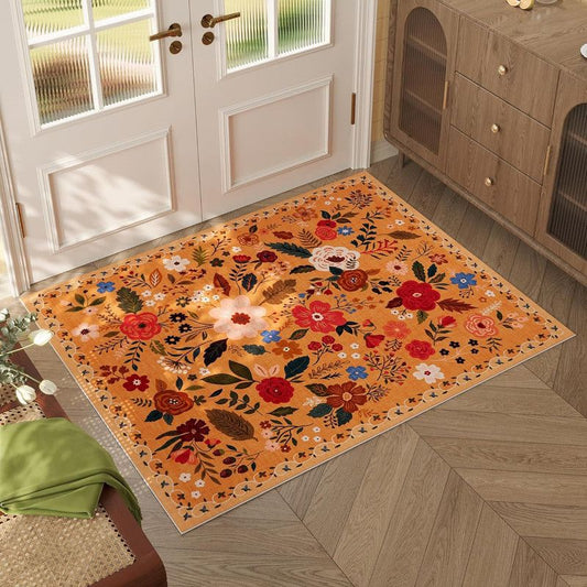 Bohemian Floral Doormat Non-slip Absorbent Dirt-Resistant Machine Washable for Bathroom Hallway and Kitchen, 50x80cm, Orange