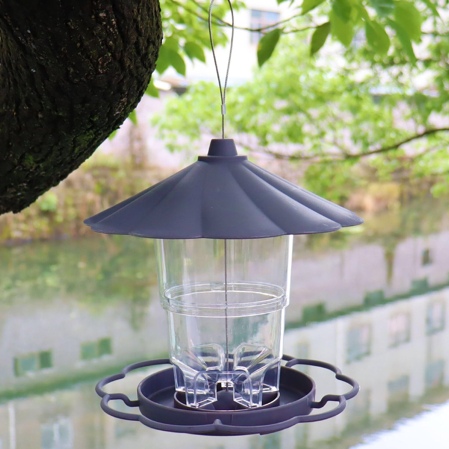 Automatic Hanging Large Capacity Multi-functional Bird Feeder (PP/PS) 820ML Capacity Size: 200*200*125mm Color: Grey