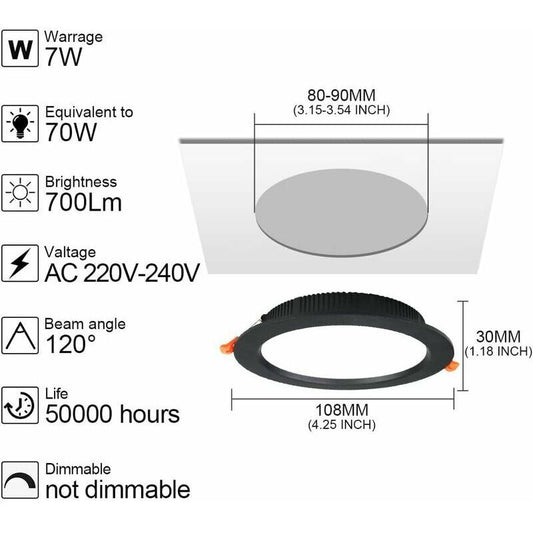 10 Pack Recessed LED Spotlight, 7W 3000K Warm White, IP44, AC 220 to 240V, Cutout 7 to 8.5 cm