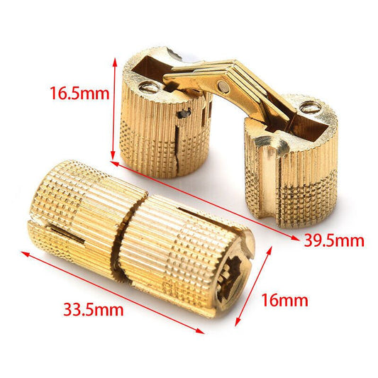 2 Pcs Brass Hidden Invisible Barrel Hinges for Wooden Door Cabinet Caravan, 16 mm