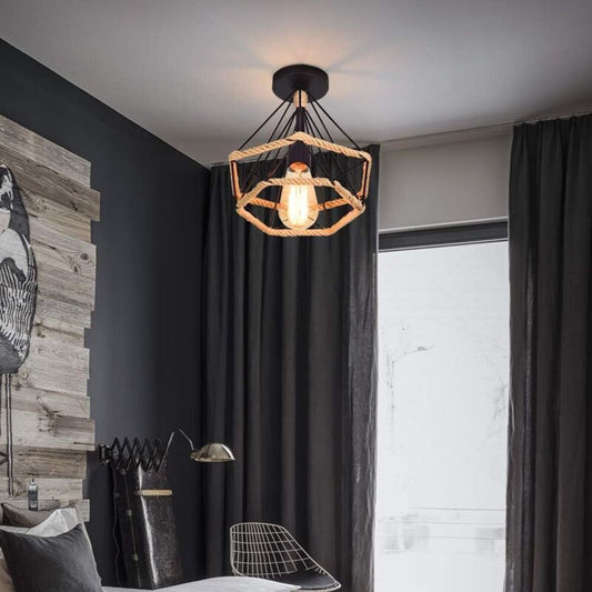 Vintage Industrial Metal Cage Ceiling Lamp with Hemp Rope, 25 cm