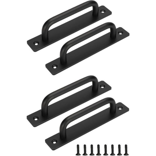 4 Pcs Black Sliding Barn Door Handles with Stainless Steel Plate, 128 mm Hole Spacing