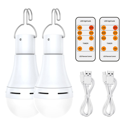 2 Pack USB Rechargeable 7W E27 LED Battery Bulbs with Remote Control and Hook