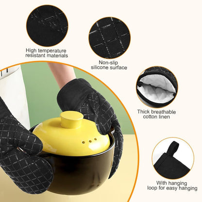 1 Pair Oven Mitts + 2 Pot Holders Set - Heat Resistant up to 230C, Silicone Non-Slip Cooking Gloves for Baking, Grilling & BBQ