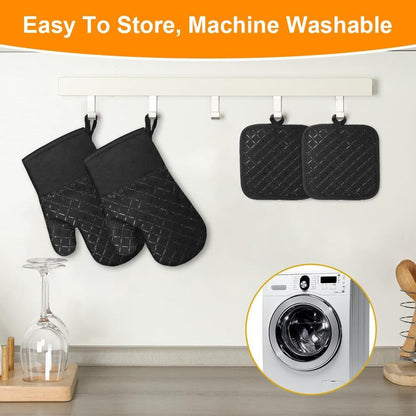 1 Pair Oven Mitts + 2 Pot Holders Set - Heat Resistant up to 230C, Silicone Non-Slip Cooking Gloves for Baking, Grilling & BBQ