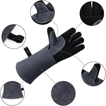 Leather Oven Mitts Heat Resistant up to 500C - Non-Slip Cooking Gloves for Grilling, Baking & Blacksmithing
