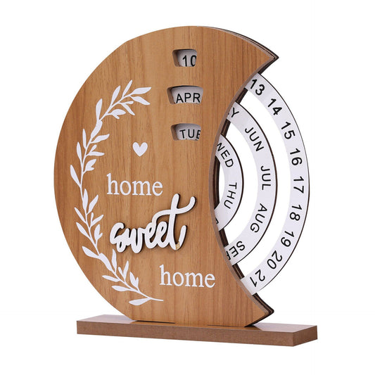 Rustic Wooden Perpetual Calendar, Moon Shape Desk and Home Decor, 20 x 18 cm