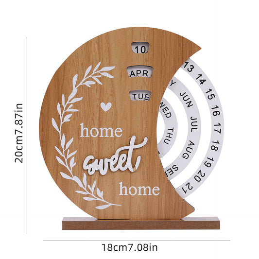 Rustic Wooden Perpetual Calendar, Moon Shape Desk and Home Decor, 20 x 18 cm