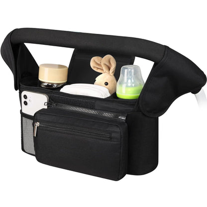 Universal Stroller Organizer, Insulated Cup Holders Detachable Phone Bag Large Storage, Black