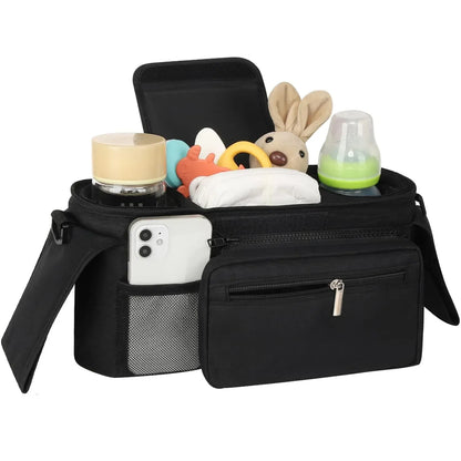 Universal Stroller Organizer, Insulated Cup Holders Detachable Phone Bag Large Storage, Black